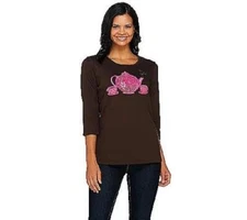 Quacker Factory Size 3X Brown Be Jeweled Novelty 3/4 Sleeve T-shirt