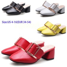 Full Size Women Closed Toe Slingback Sandals Chunky Block Mid Heel Slippers Mule