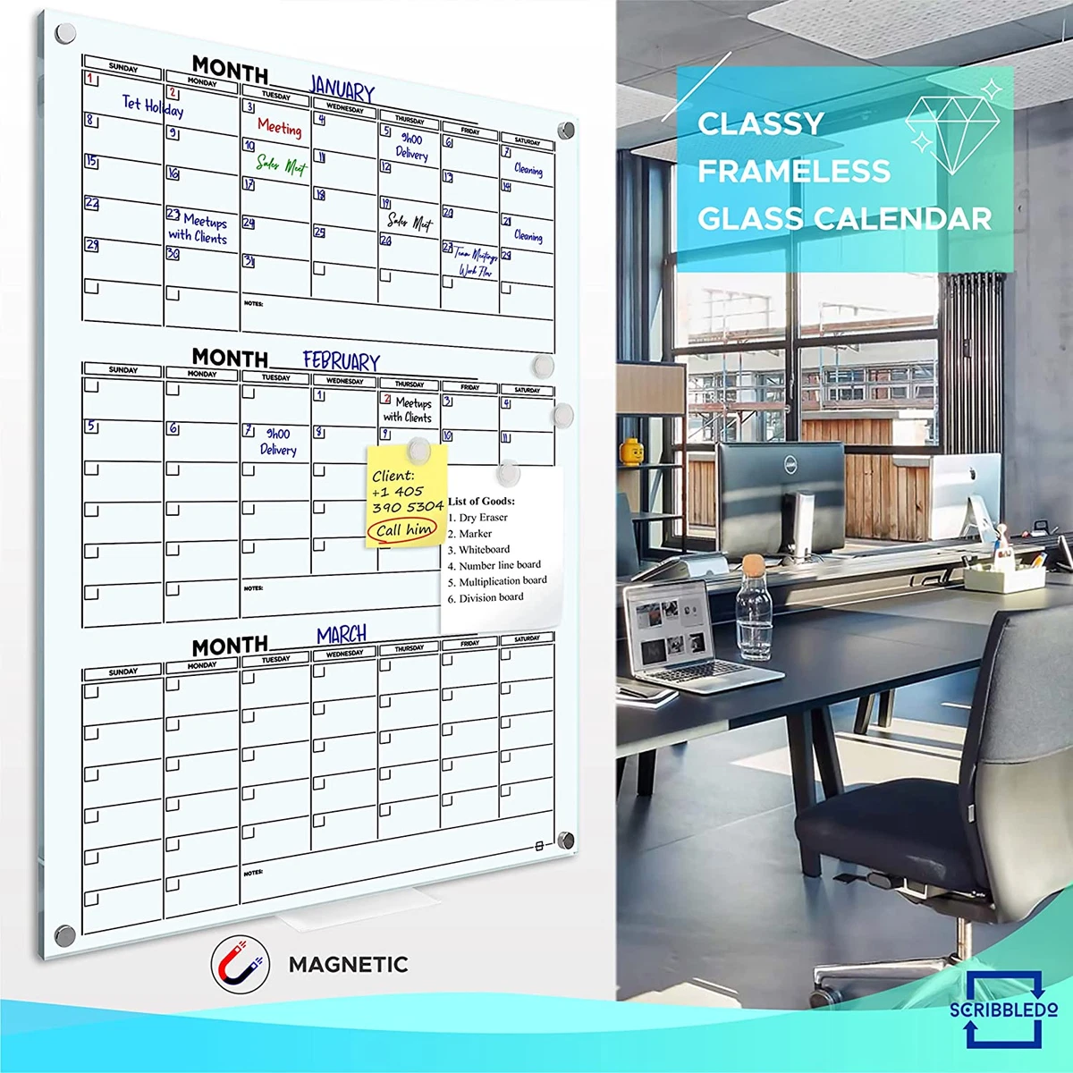 Glass Whiteboard Calendar Quarterly Planner White Board Calendar Dry Erase  Bo... | eBay