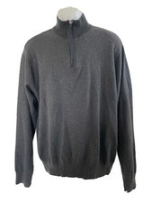 Perry Ellis L Sweater Black Gray Stripe Cotton Wool Blend 1/4 Zip Front Pullover