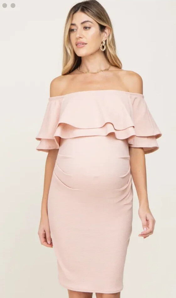 Light Pink Off Shoulder Ruched Maternity Dress Small