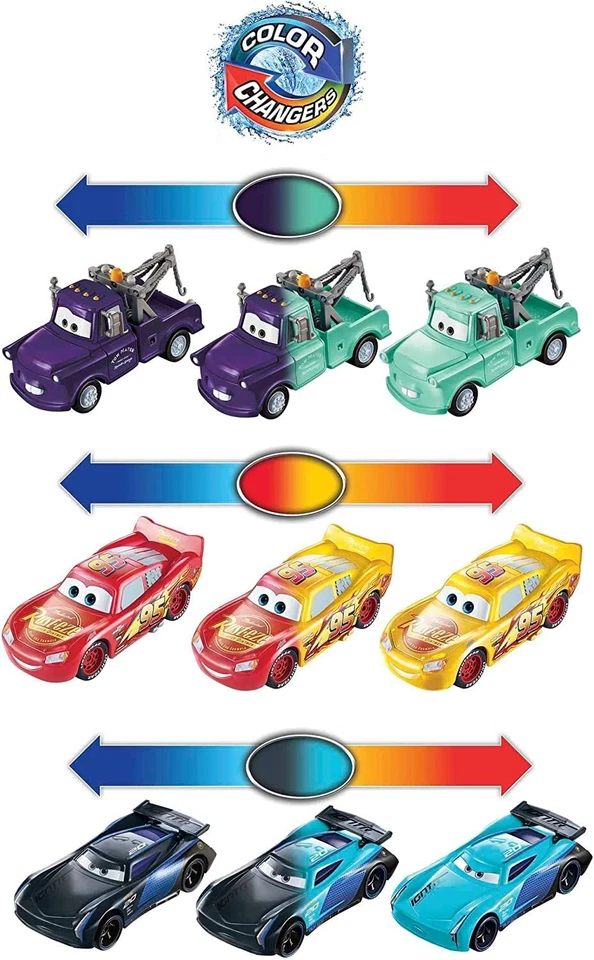 DISNEY PIXAR CARS SET 3 AUTO SAETTA MCQUEEN MATER E BOBBY SWIFT CAMBIA COLORE - Immagine 4 di 4