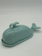 DOWAN Porcelain Large Turquoise Whale Butter Dish w/ Cutting Measuring Line