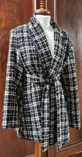 East Black White Check Wool Blend Boucle Belted Kimono Style Jacket 14