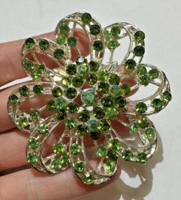 Vintage Huge Green AB Rhinestone Whimsical Flower Swirl Mandala Brooch 11e 2.1