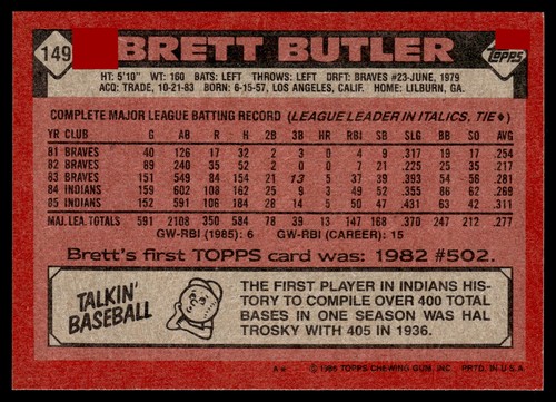 1986 Topps #149 Brett Butler | Arpin Mint Cards - Picture 2 of 2