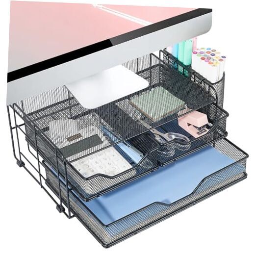 Computer Monitor Stand with 2 Pen Holders and Drawers, Desk Drawer BLACK