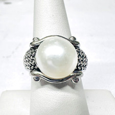 Vintage Honora 925 Sterling Silver 12mm Round Button Pearl Textured Band Ring