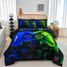 6-Piece Game Twin Comforter Set for Kids Blue and Green Boys Gaming Bed in a Bag