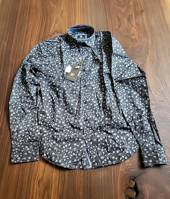 Giovanni Testi Mens Black And Blue Patterned Shirt Size M