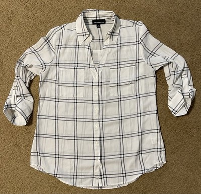 Fortune Ivy Top Size M Black And White Plaid Button Up Silky
