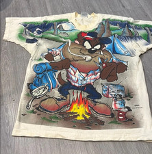 Vintage 90s Looney Tunes Taz USA AOP Shirt Freeze L Roughin It Camping Retro