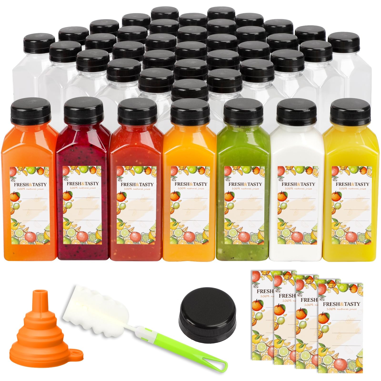, 12oz Reusable Juice Bottles With Caps And Labels, Funnel..