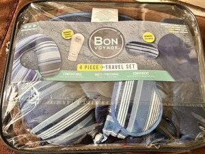 TRAVEL SET 4 PC: MEMORY FOAM PILLOW, VELVET THROW, BONUS BOTTLE & EYE MASK