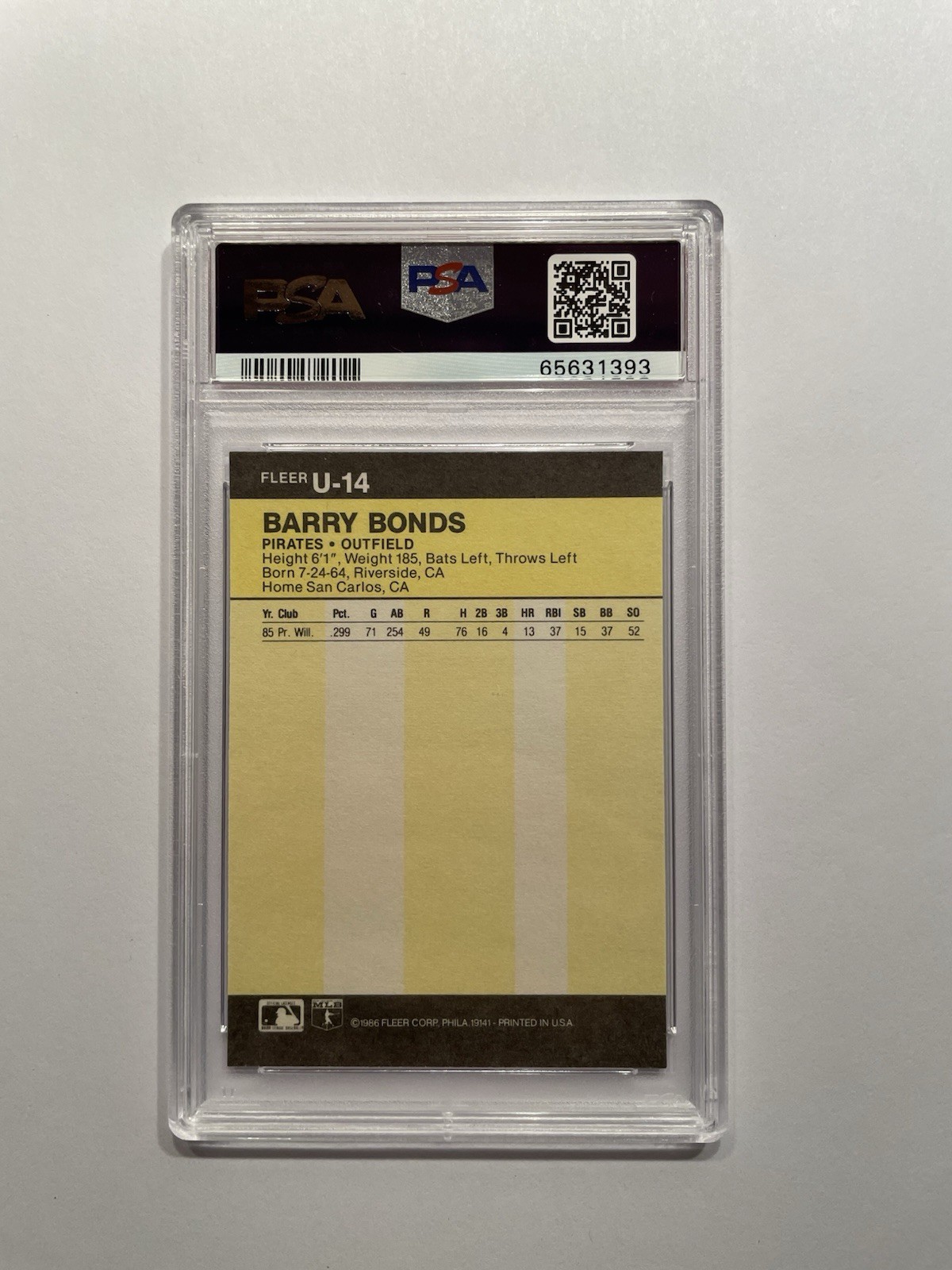 1986 FLEER UPDATE -- #U-14 BARRY BONDS - ROOKIE RC - PIRATES - PSA 9 view 2