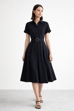 Tahari Arthur S. Levine Size 4 Collared Black Belted Shirt Dress Staple Capsule