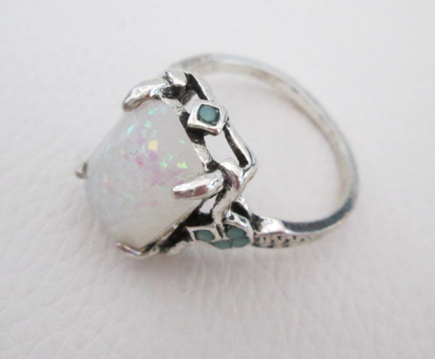 Vintage Opal Inlaid Ring Rectangular Silver Tone … - image 5