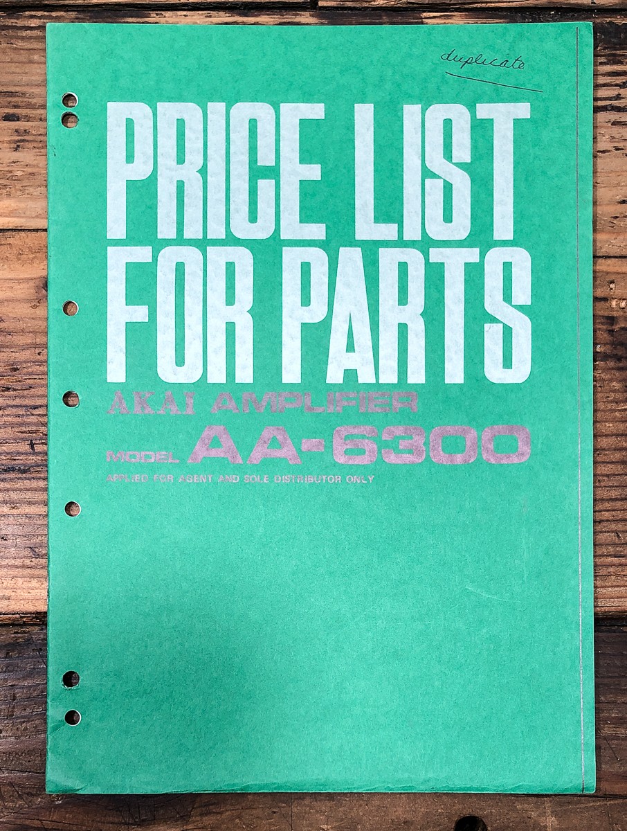 Akai AA-6300  Price List for Parts Manual *Original*