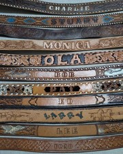 LOT OF 11 vintage 1970s customized TOOLED buckle belts WESTERN leather NAMED