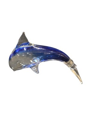 Vtg Clear And Cobalt Blue Glass Dolphin Art Glass Handblown Paperweight 6'' Long