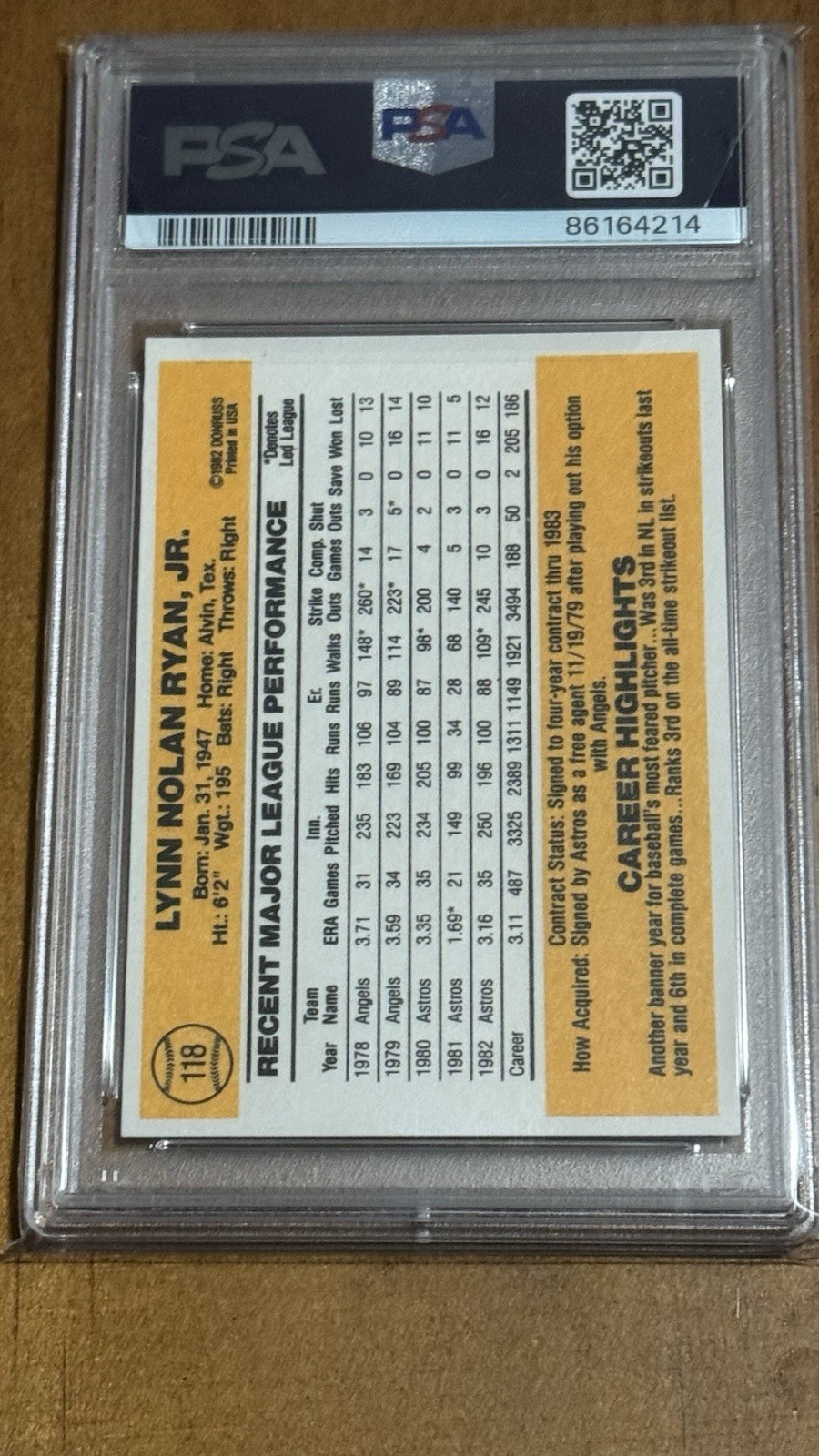 1983 Donruss Nolan Ryan PSA 10 view 2