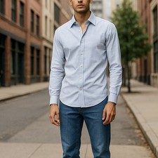 Hugo Boss Men's Sharp Fit Plaid Dress Shirt Light Blue White Long Sleeve Sz 16.5