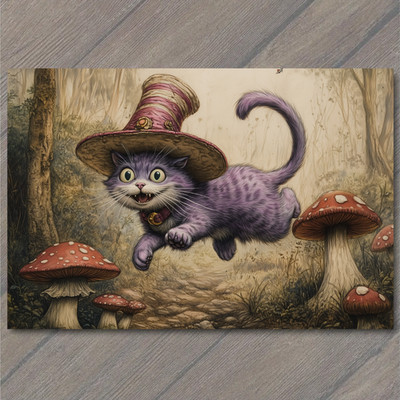 Art Print Purple Cat Witch Hat Mushroom Forest Whimsy Cute Fantasy Jumping