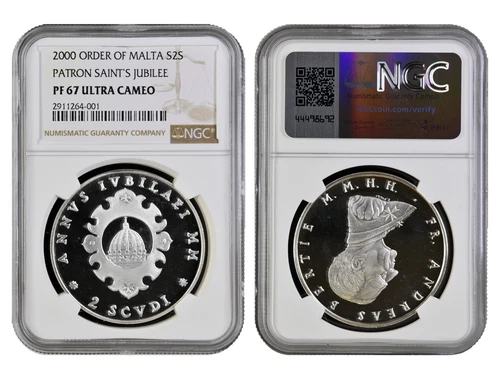 ORDER OF MALTA 2 Scudi 2000 Silver NGC PF67UC 'Jubilee Year of the Patron Saint'