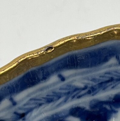 Antique Blue & White Porcelain Chinese Tea Cup & Saucer w/ Gold