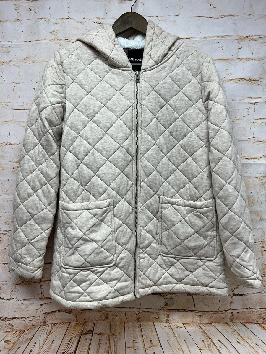 Me Jane Womens Quilted Jacket Sz L Tan Sherpa Lined Hood Pockets