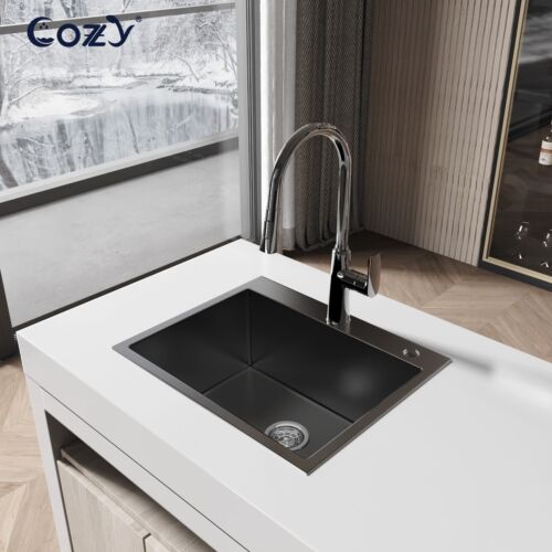 COZY Stainless Steel Kitchen Sink, 23" Single Bowl in Matte Black
