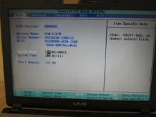 Sony VAIO PCG-7F1L Laptop BOOTS TO BIOS - NO HD NoPwrCord - PARTS/REPAIR