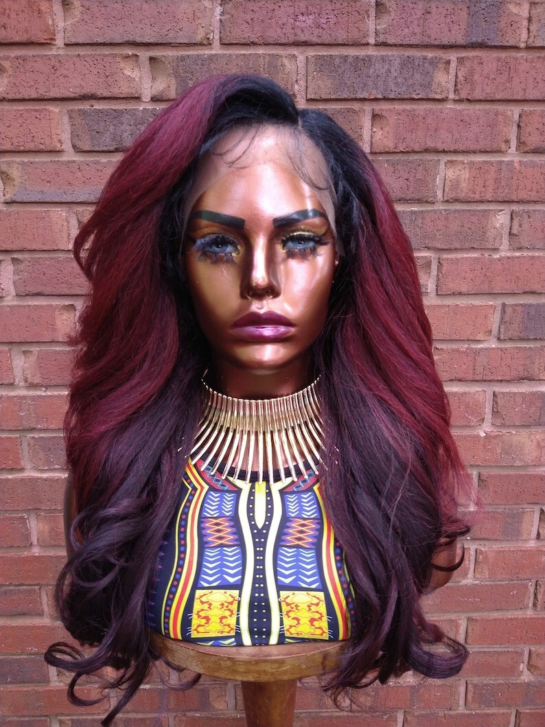 Yaki Curly Lace Front Wig Ombre Burgundy Wig Human Blended  display picture 3