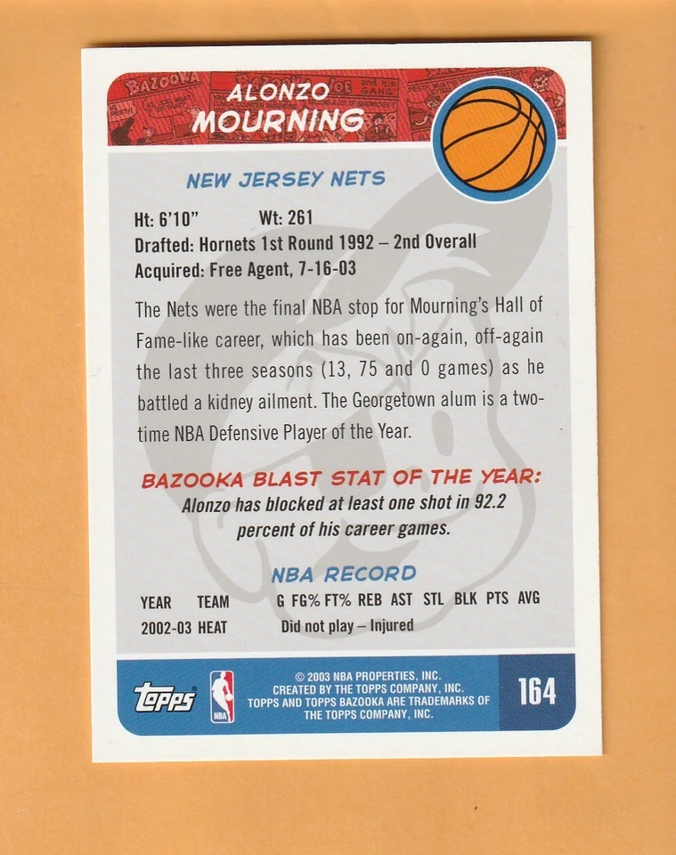 Alonzo Mourning New Jersey Nets 2003-04 Bazooka #164 HOF Georgetown Hoyas 7H - Image 2 of 2