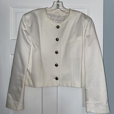 Vtg Laurel Escada Cropped Short Jacket Blazer Sz 44 White Cotton Silver Buttons