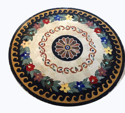 36-inch Black Marble Table Top with Pietra Dura Inlay Handicraft Room Decor