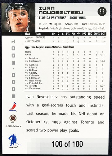 Ivan Novolseltsev BAP Sapphire parallel card 218 - 100 / 100, 2000 -01 NHL - Picture 2 of 2