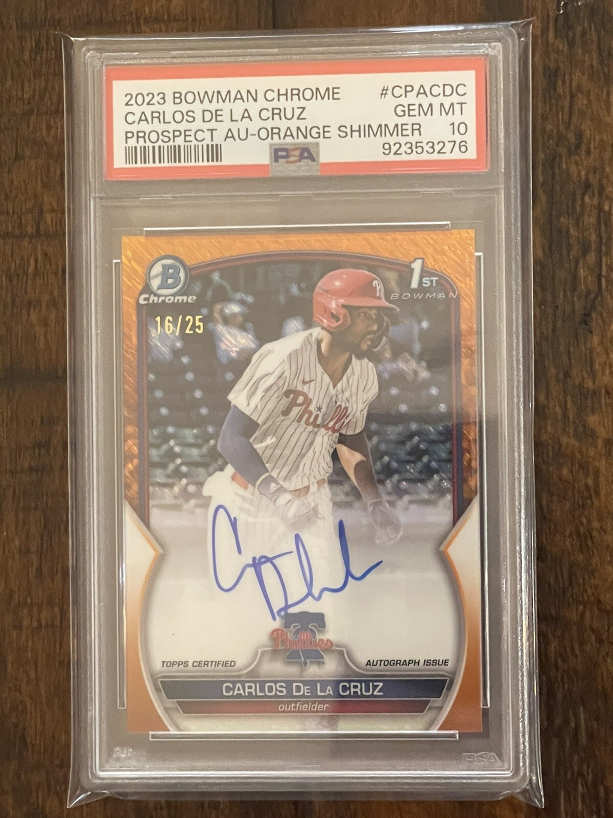 2023 Bowman Chrome Carlos De La Cruz 1st Orange Shimmer Refractor Auto 16/25 🍊
