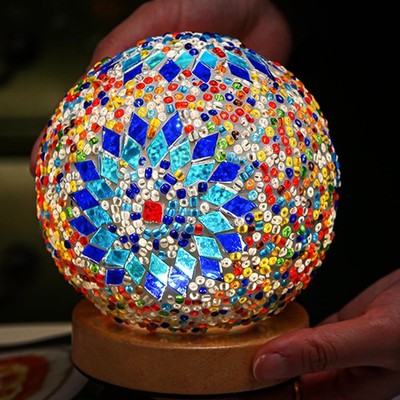 Turkish Table lamp (D:4.7'' x H:5.2''),Mosaic Glass Lamps with Wooden Base, Boh...
