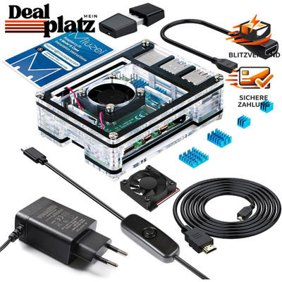 Raspberry Pi 4 Gehäuse mit Lüfter und Netzteil, Micro-HDMI Kabel, Kühlkörper