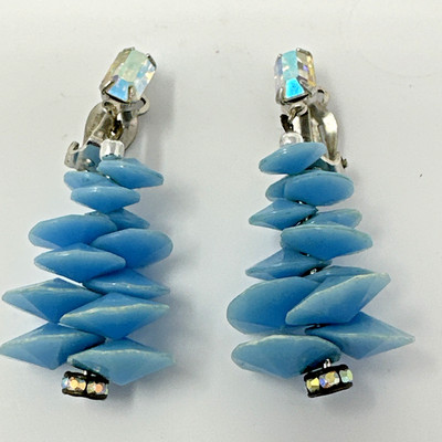 Vtg Lewis Segal Blue AB Crystals Rondelle Cluster Dangle Drop Clip-On Earrings