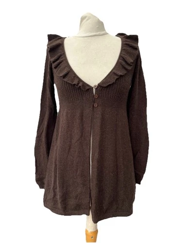 Zara Brown Angora Mix Cardigan Size S Long Sleeve Ruffle Neck Women’s