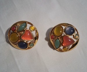 Authentic Vintage Trifari "Fruit Salad" Multicolor Jelly Lucite Gold Plated Clip Earrings