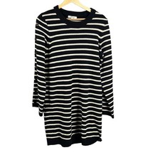 Madewell Sweater Dress Black Striped Button Sleeve Pullover Merino Wool Large