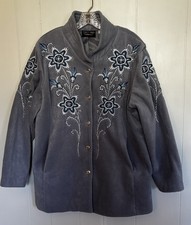 Bob Mackie Wearable Art Women  s XL Blue/Gray Fleece Floral Embroidered Jacket