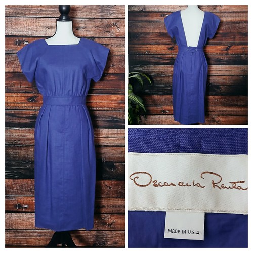 Oscar de la Renta, Oscar De La Renta Vintage 80s Midi Dress 100% Linen Purple Open Back Made In USA