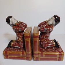 Red Famille Rose Ceramic Chinese Bookends Children Kneeling On a Stack of Books