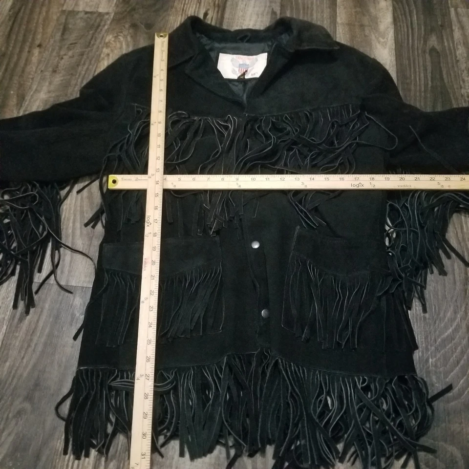 Chaqueta De Colección Vanguard Gamuza Cuero Envejecido Negro Flecos Western Talla Pequeña Foto 3 de 4