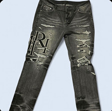 AMIRI Mens Black Charcoal Wash Distressed Log...