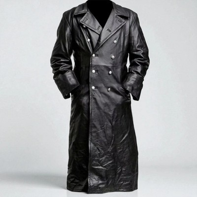 Men s Black Long Leather Trench Coat Double Breasted Vintage Gothic Overcoat